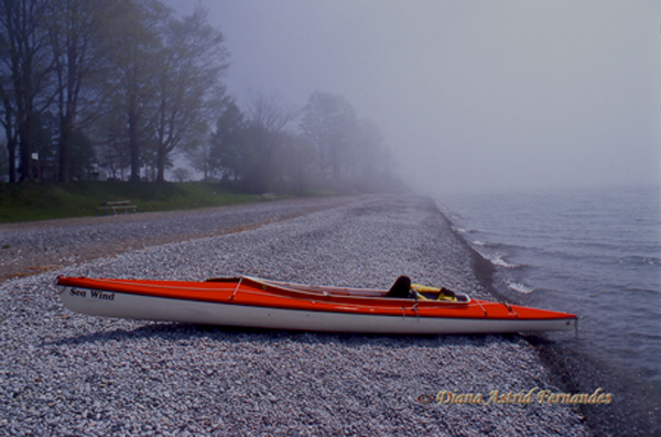 Beached-red-canoe-in-the-mist